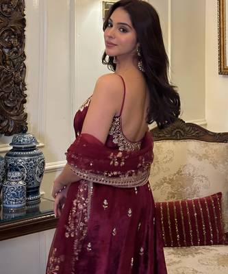 Maroon vichitra silk anarkali suit with zari embroidery sequins work & dupatta | partywear ethnic dress for women 5