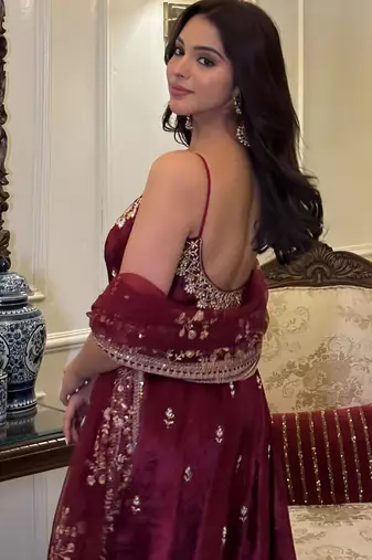 Maroon vichitra silk anarkali suit with zari embroidery sequins work & dupatta | partywear ethnic dress for women