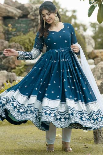 Rama blue faux blooming anarkali suit with heavy sequins & thread embroidery and white dupatta | partywear dress women