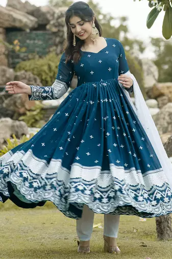 Rama blue faux blooming anarkali suit with heavy sequins & thread embroidery and white dupatta | partywear dress women