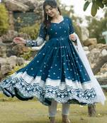 Rama blue faux blooming anarkali suit with heavy sequins & thread embroidery and white dupatta | partywear dress women