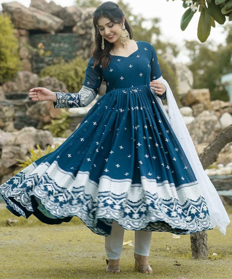 Rama blue faux blooming anarkali suit with heavy sequins & thread embroidery and white dupatta | partywear dress women