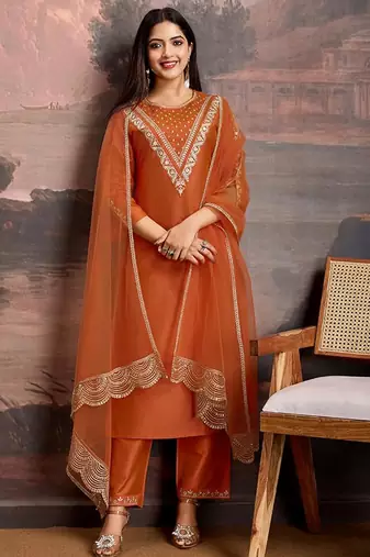 Rust viscose rayon heavy thread embroidery work kurta pant set