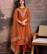 Rust viscose rayon heavy thread embroidery work kurta pant set