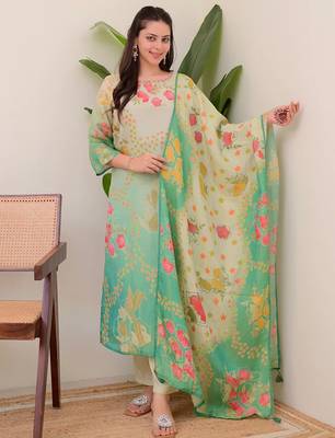 Multicolor assam silk print with work on neck kurta pant set 1