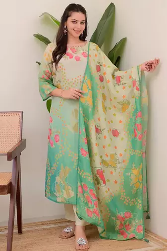 Multicolor assam silk print with work on neck kurta pant set