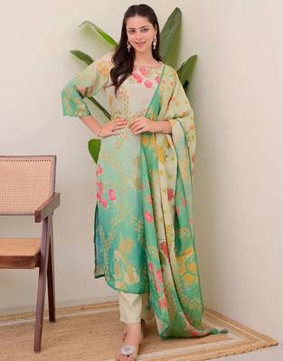Multicolor assam silk print with work on neck kurta pant set 2