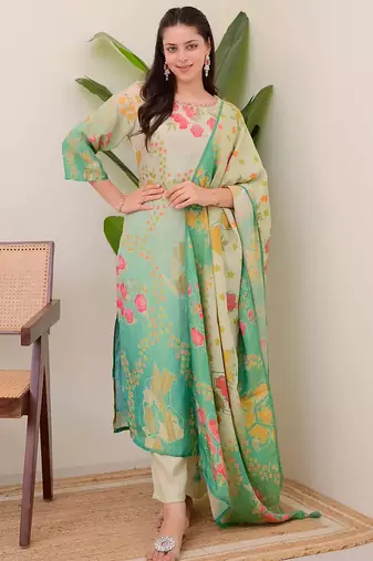 Multicolor assam silk print with work on neck kurta pant set