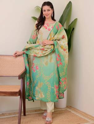 Multicolor assam silk print with work on neck kurta pant set 3