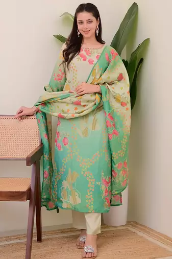 Multicolor assam silk print with work on neck kurta pant set