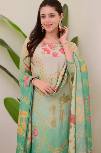 Multicolor assam silk print with work on neck kurta pant set