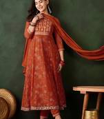 Orange georgette print with thread embroidery work kurta pant set