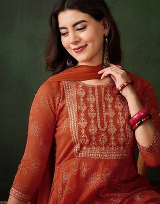 Orange georgette print with thread embroidery work kurta pant set 3