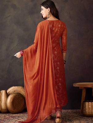 Orange georgette print with thread embroidery work kurta pant set 4