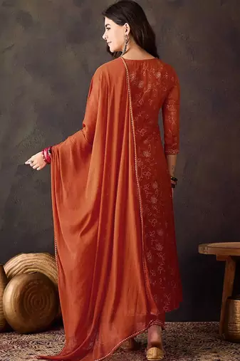 Orange georgette print with thread embroidery work kurta pant set