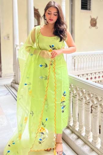Lemon green viscose twill printed kurta pant set