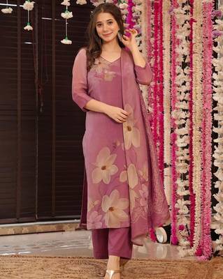 Onion pink silk printed kurta pant set 1
