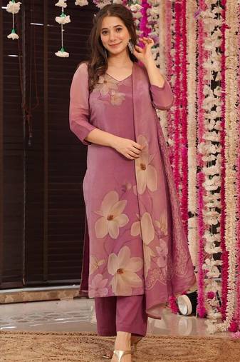 Onion pink silk printed kurta pant set