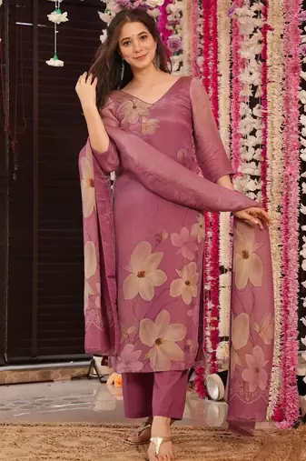 Onion pink silk printed kurta pant set