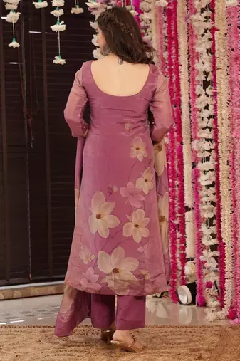 Onion pink silk printed kurta pant set
