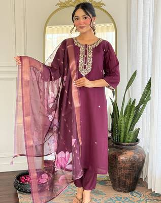Wine rayon heavy thread embroidery work with printed dupatta kurta pant set 1