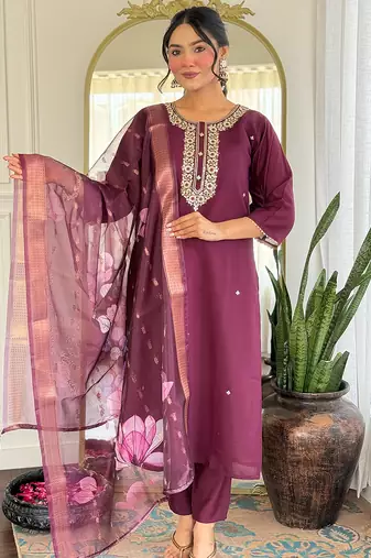Wine rayon heavy thread embroidery work with printed dupatta kurta pant set