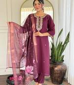Wine rayon heavy thread embroidery work with printed dupatta kurta pant set