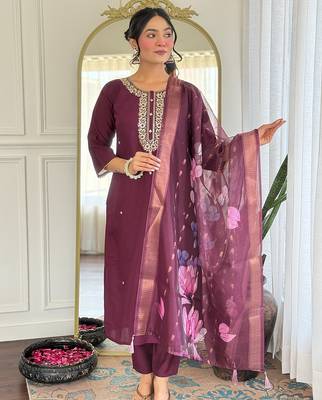 Wine rayon heavy thread embroidery work with printed dupatta kurta pant set 2