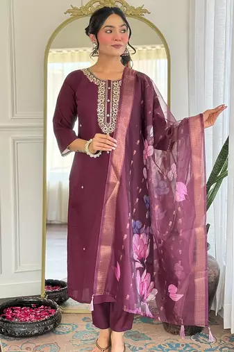 Wine rayon heavy thread embroidery work with printed dupatta kurta pant set