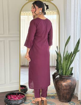 Wine rayon heavy thread embroidery work with printed dupatta kurta pant set 3