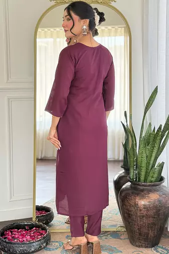 Wine rayon heavy thread embroidery work with printed dupatta kurta pant set