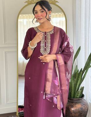 Wine rayon heavy thread embroidery work with printed dupatta kurta pant set 4