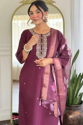 Wine rayon heavy thread embroidery work with printed dupatta kurta pant set
