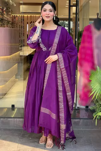 Purple chinon heavy thread embroidery work kurta pant set