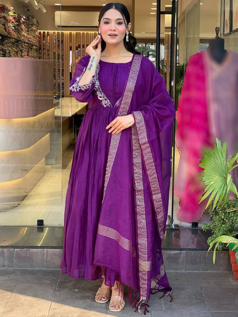 Purple chinon heavy thread embroidery work kurta pant set
