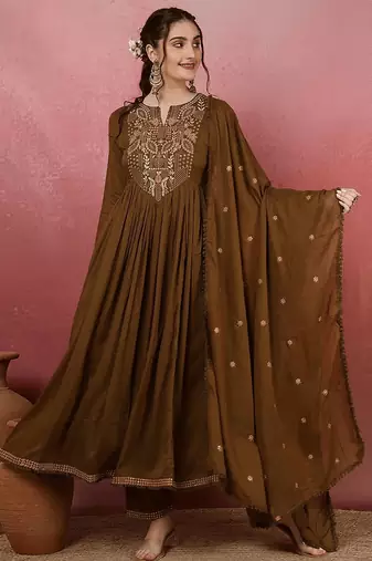 Mehendi viscose chanderi heavy thread embroidery work kurta pant set