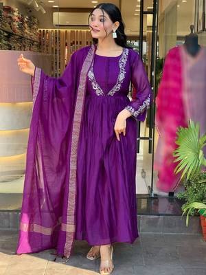 Purple chinon heavy thread embroidery work kurta pant set 2