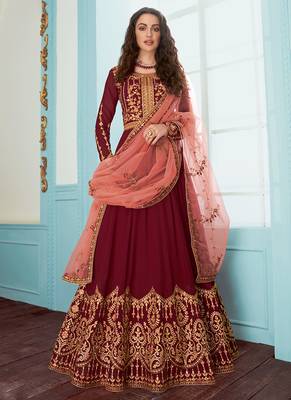 Maroon Faux Georgette Embroidered Wedding Wear Designer Anarkali Semi-Suit 1