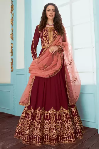 Maroon Faux Georgette Embroidered Wedding Wear Designer Anarkali Semi-Suit