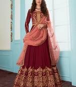 Maroon Faux Georgette Embroidered Wedding Wear Designer Anarkali Semi-Suit
