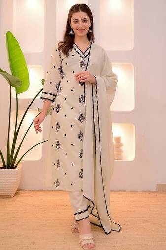 Cream rayon slub heavy thread embroidery work kurta pant set