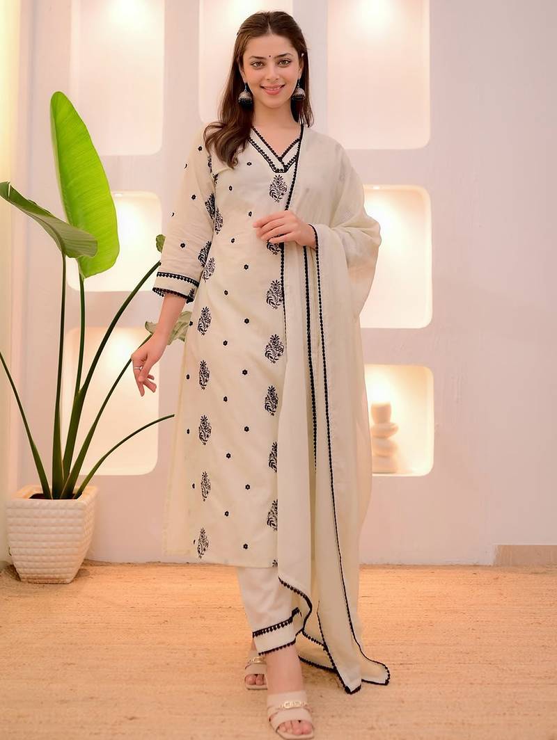 Cream rayon slub heavy thread embroidery work kurta pant set