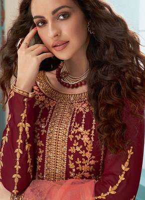 Maroon Faux Georgette Embroidered Wedding Wear Designer Anarkali Semi-Suit 2