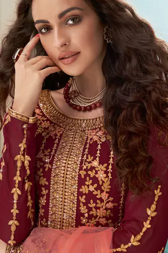 Maroon Faux Georgette Embroidered Wedding Wear Designer Anarkali Semi-Suit
