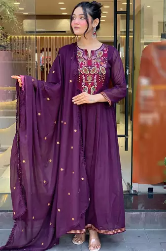 Wine viscose chanderi heavy thread embroidery work kurta pant set