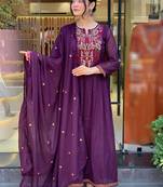Wine viscose chanderi heavy thread embroidery work kurta pant set