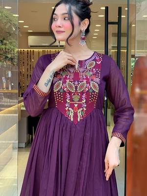 Wine viscose chanderi heavy thread embroidery work kurta pant set 4