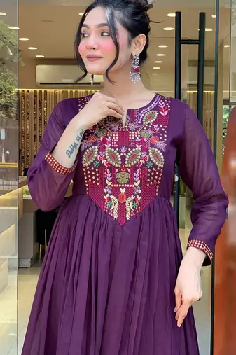 Wine viscose chanderi heavy thread embroidery work kurta pant set