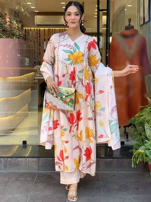 Cream cotton print with thread embroidery work kurta pant set 1