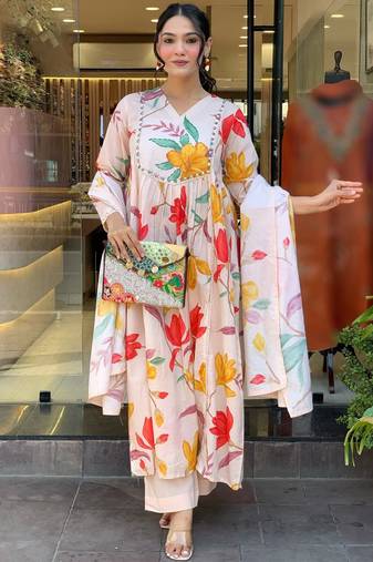 Cream cotton print with thread embroidery work kurta pant set